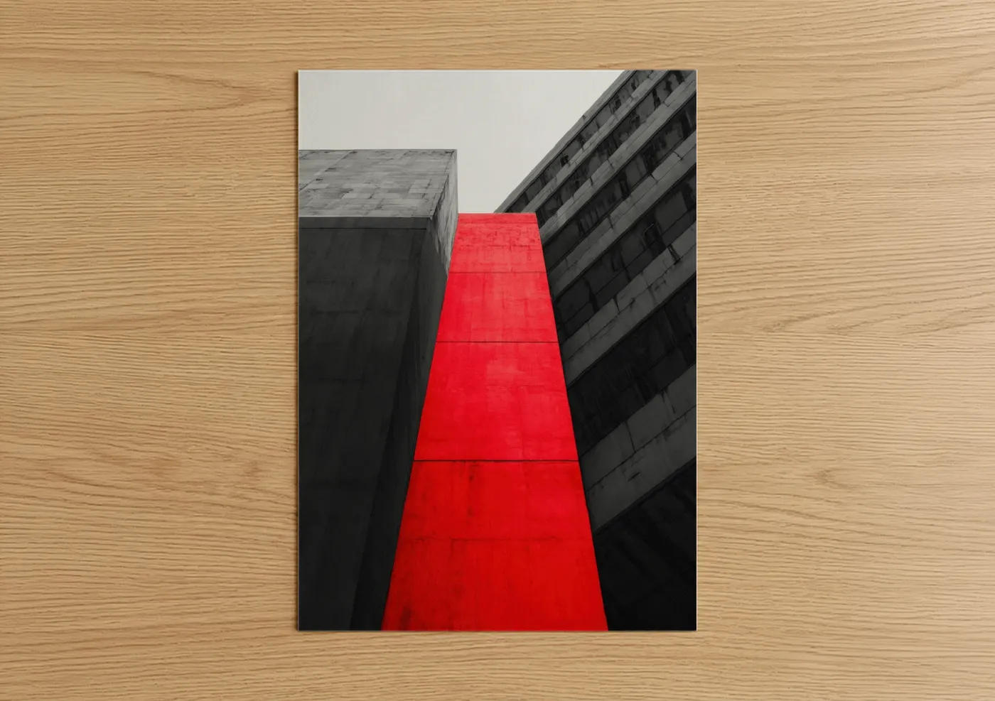 Abstract architecture art print on warm oak wood — red and gray palette — Crimson Monolith poster