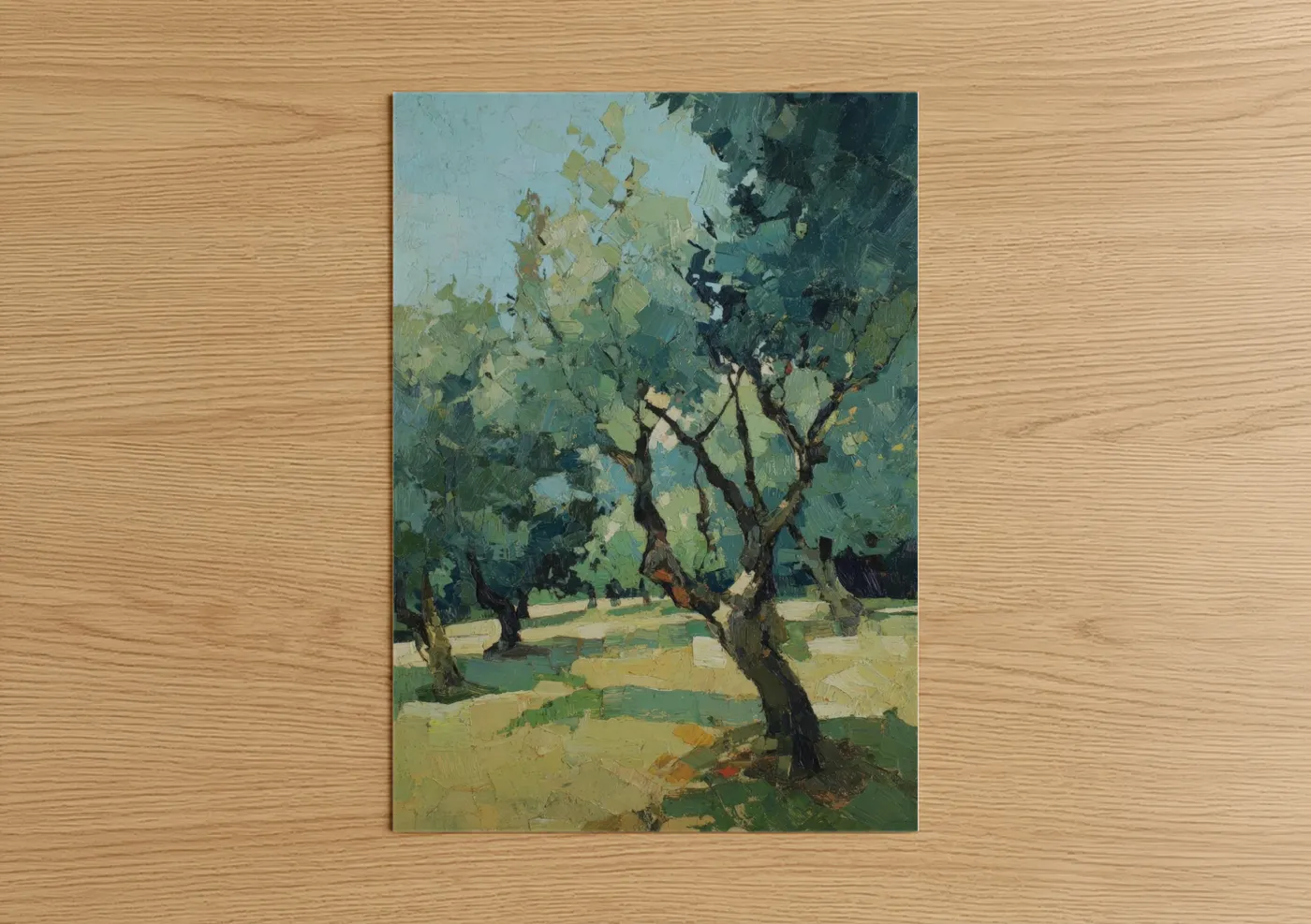 Olive tree art print on warm oak wood — light green and gold palette — Sunlit Olive Grove poster