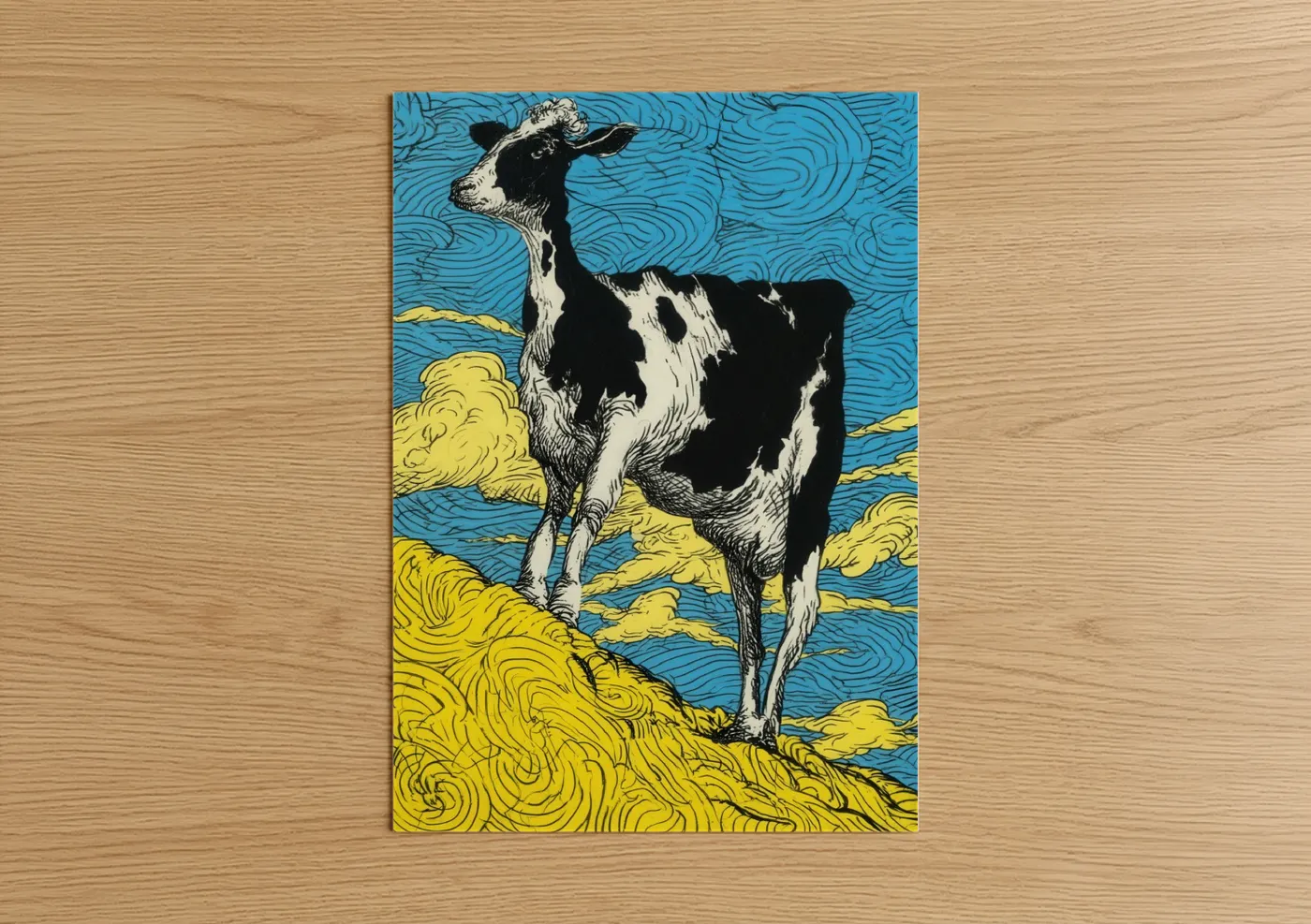 Art print on warm oak wood — blue and yellow gold palette — Alpine Jersey Cow poster