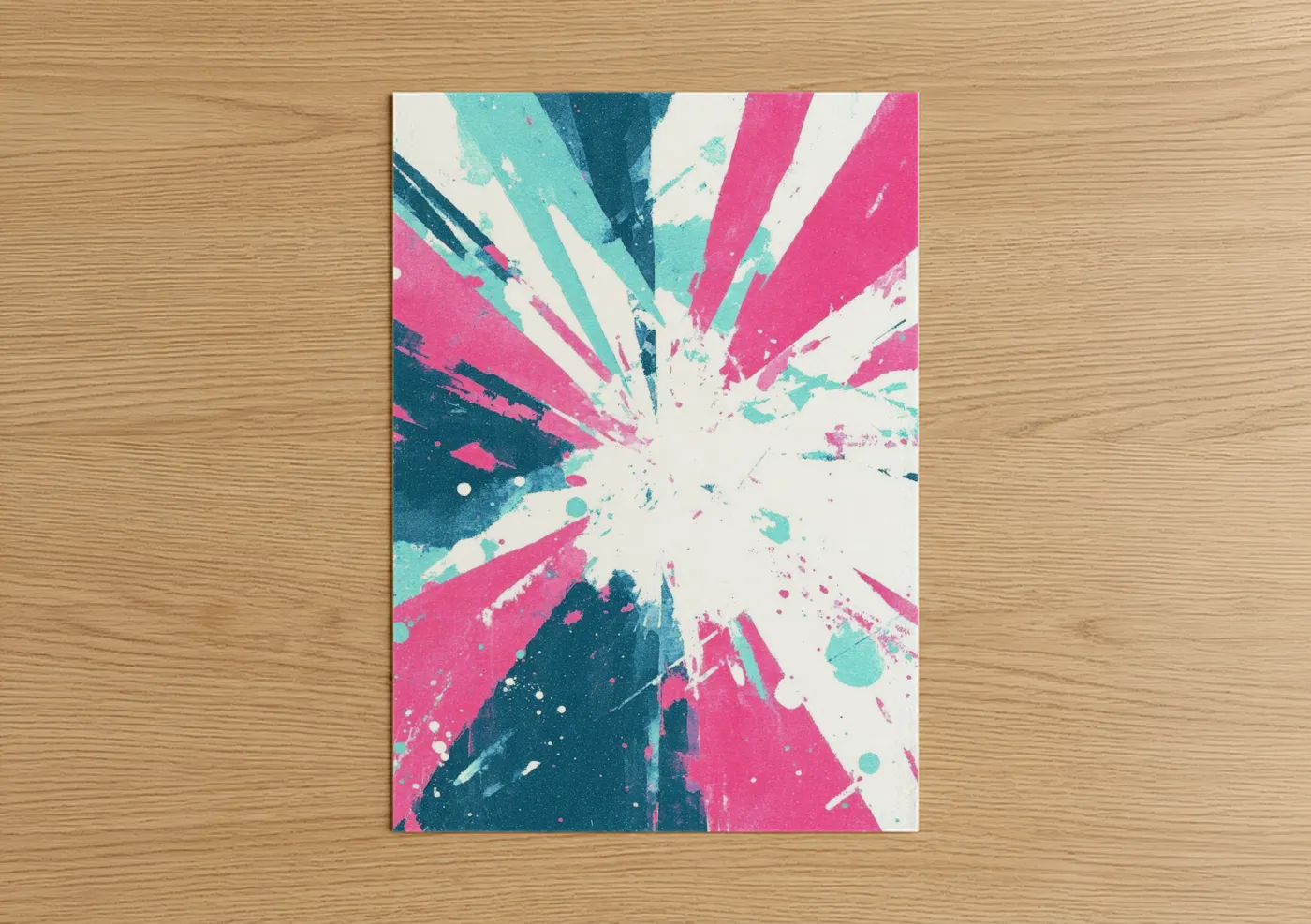 Art print on warm oak wood — magenta and aquamarine palette — Cosmic Burst Star poster