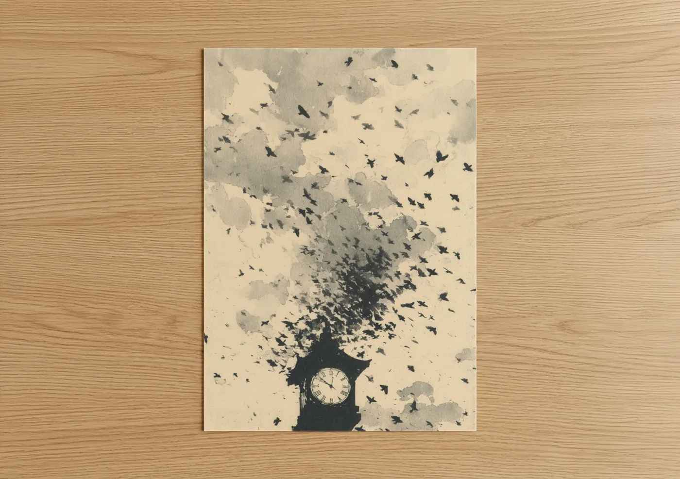 Surreal Clock with Flying Birds Watercolor Wall Art