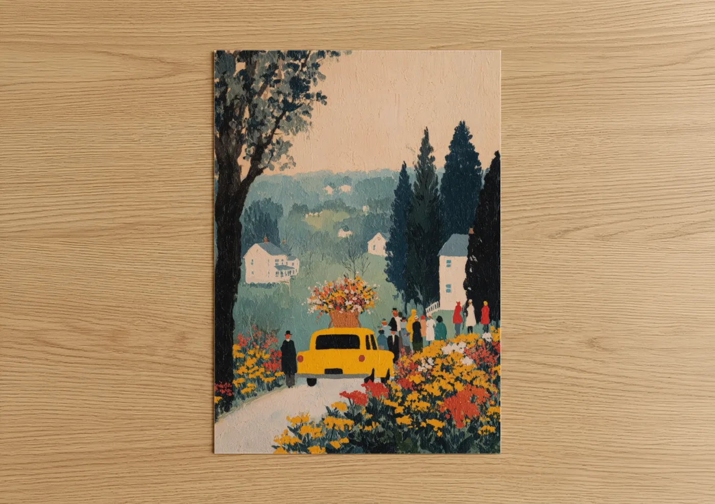 Taxi cab art print on warm oak wood — gold and sage green palette — Yellow Taxi Garden poster