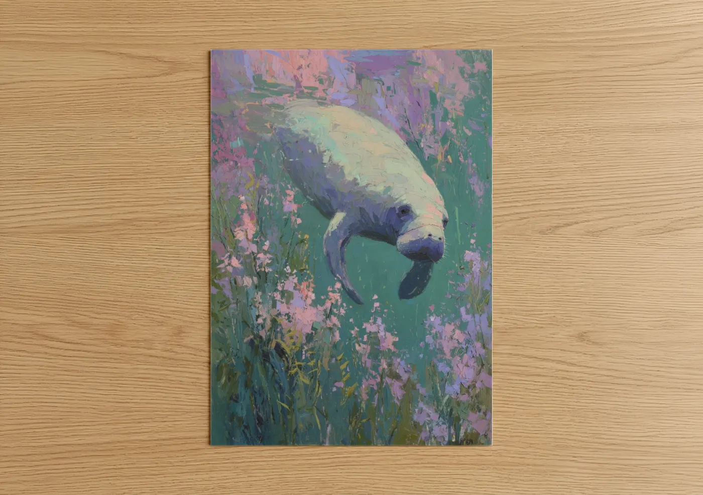 Manatees art print on warm oak wood — lavender and teal palette — Blooming Manatee poster
