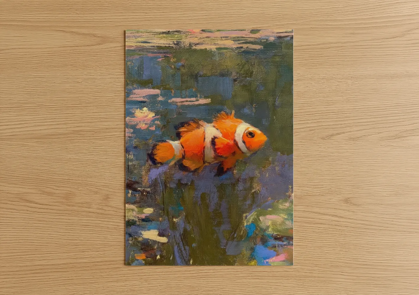 Clown fish art print on warm oak wood — blue and orange palette — Vibrant Clownfish poster
