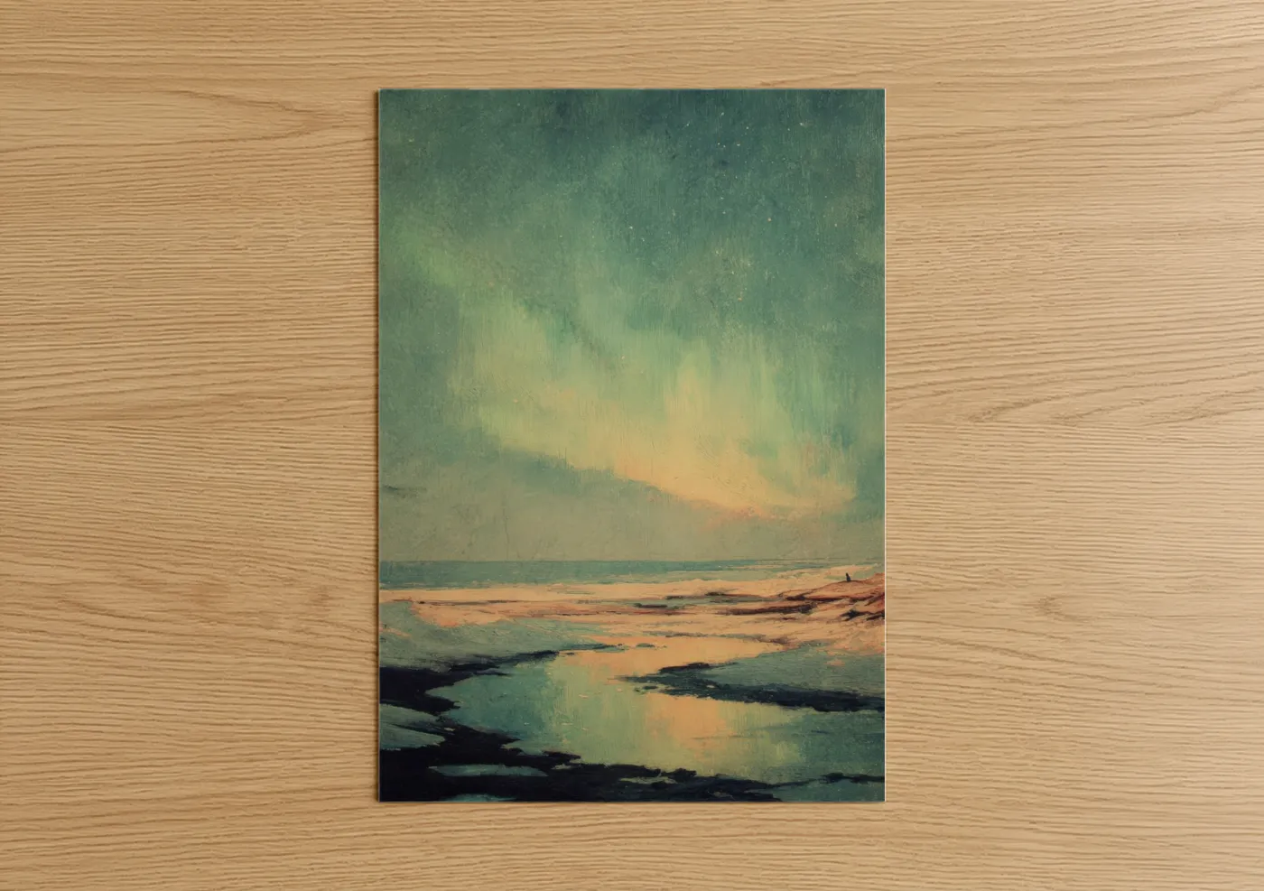 Northern lights art print on warm oak wood — teal and peach palette — Aurora Coastal Glow poster