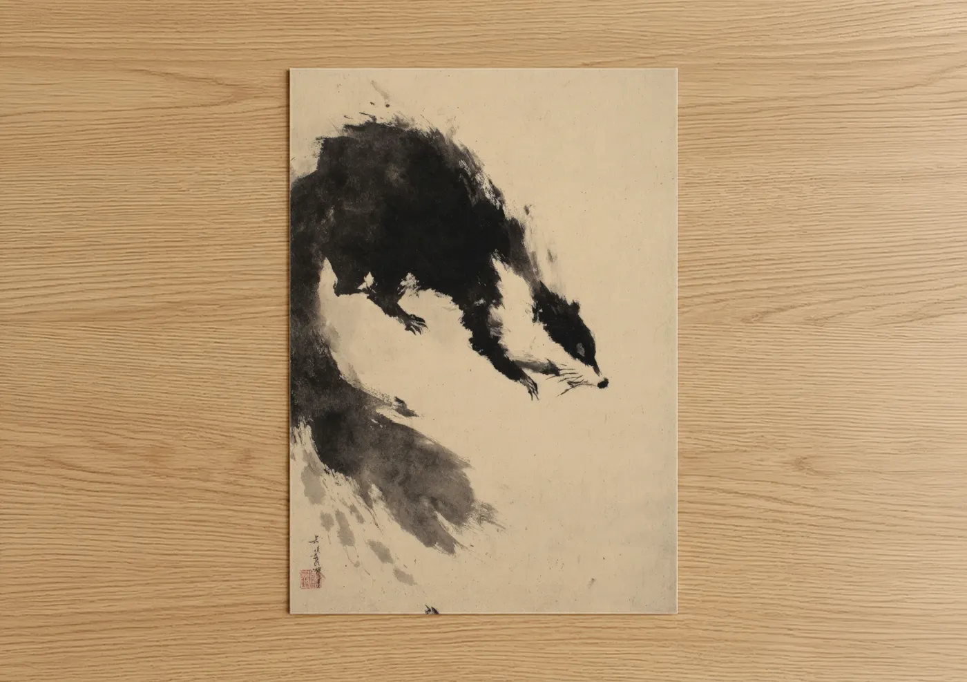 Art print on warm oak wood — black and white and cream palette — Brushstroke Raccoon poster