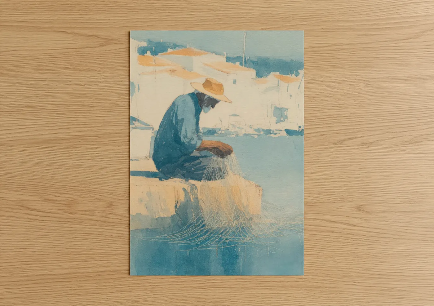 Dockside Fisherman Casting Net Watercolor Wall Art
