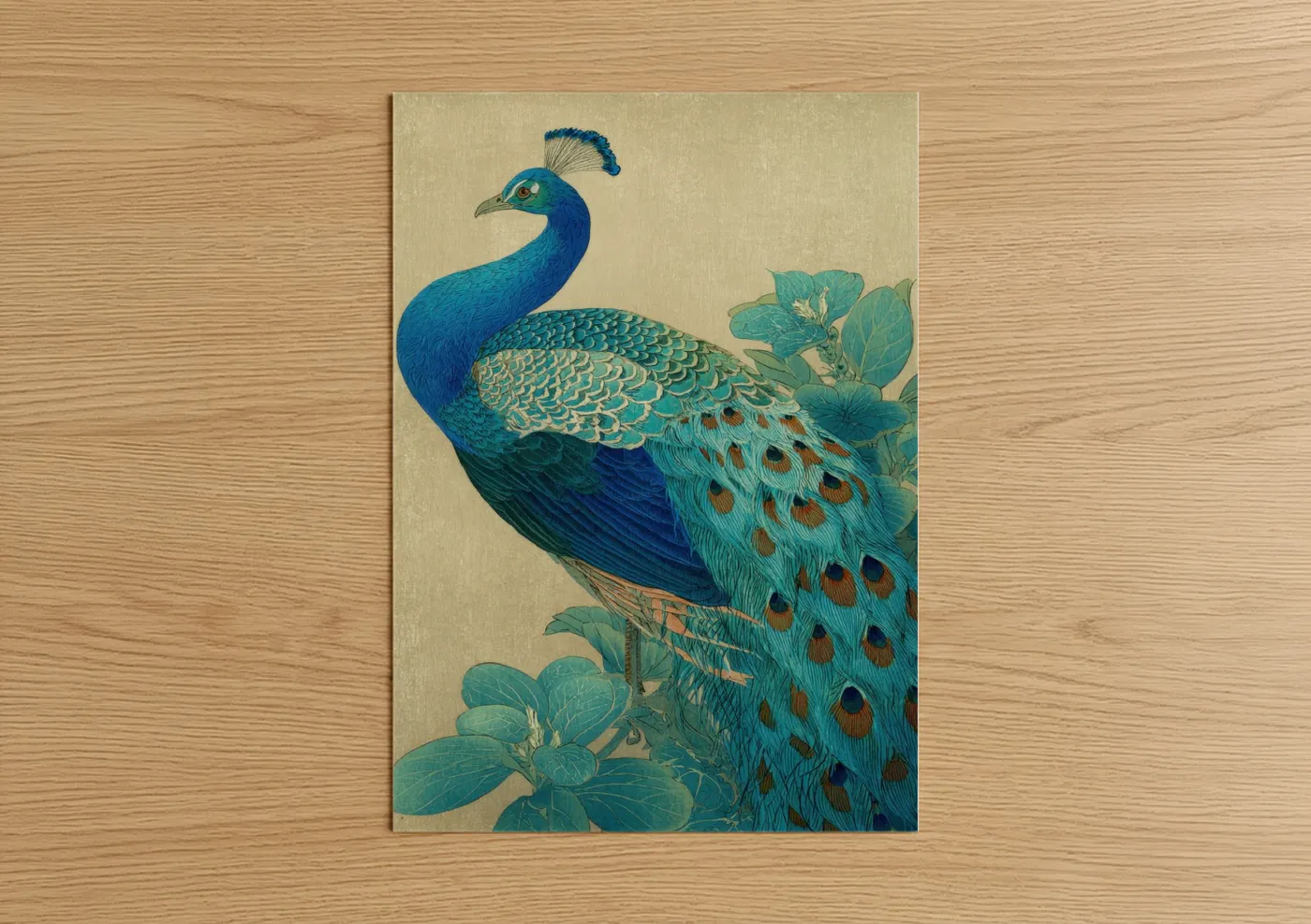 Art print on warm oak wood — blue and gold palette — Jeweled Peacock poster