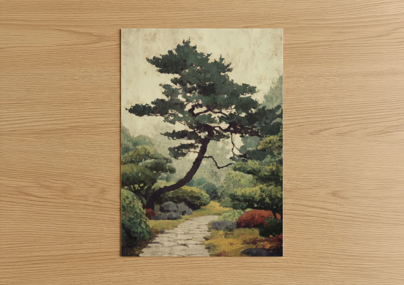 Juniper tree art print on warm oak wood — dark green and beige palette — Windswept Juniper poster