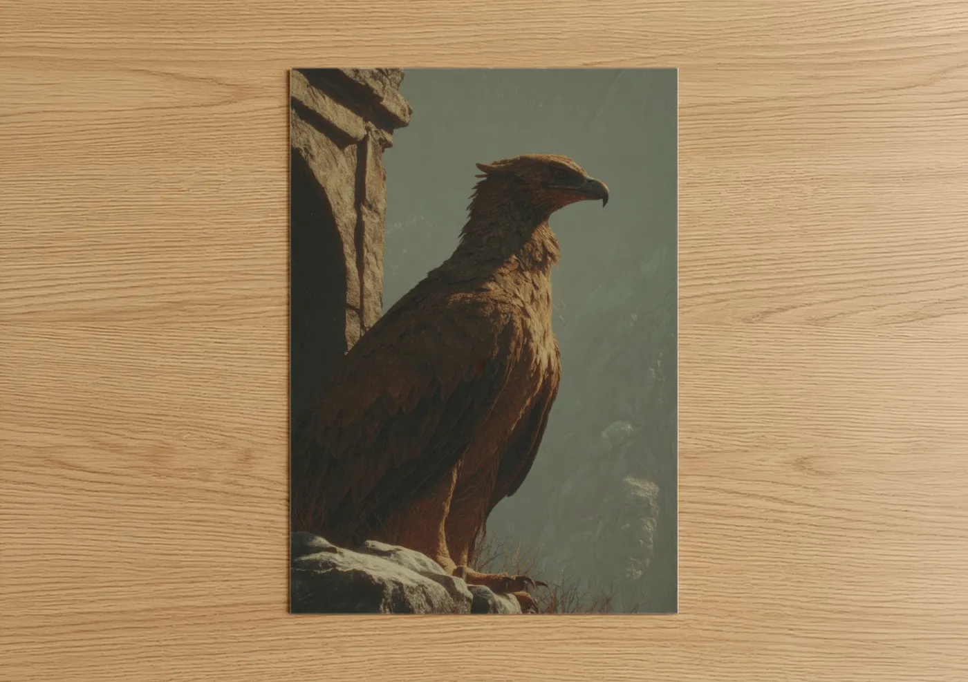 Art print on warm oak wood — gold and dove gray palette — Stone Guardian Griffin poster