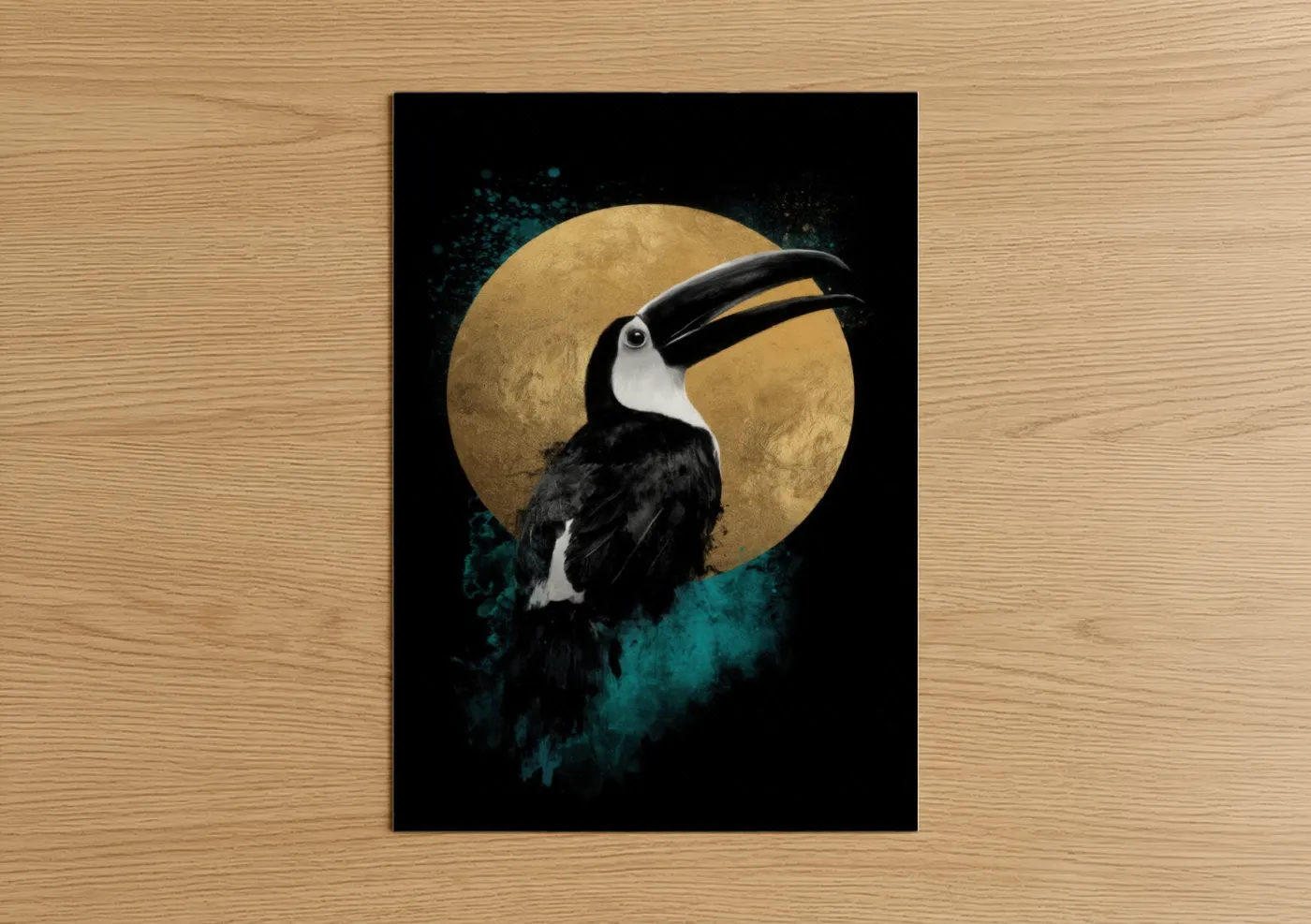 Art print on warm oak wood — gold and teal palette — Golden Toucan poster