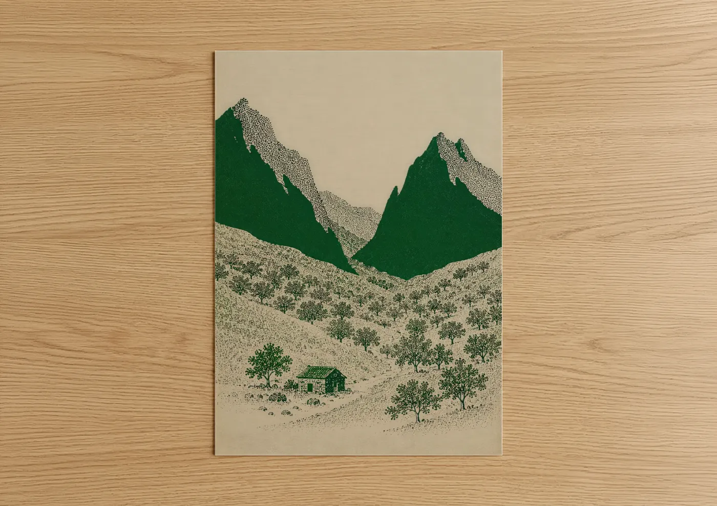 Art print on warm oak wood — true green and beige palette — Mountain Cottage Valley Wall Art poster