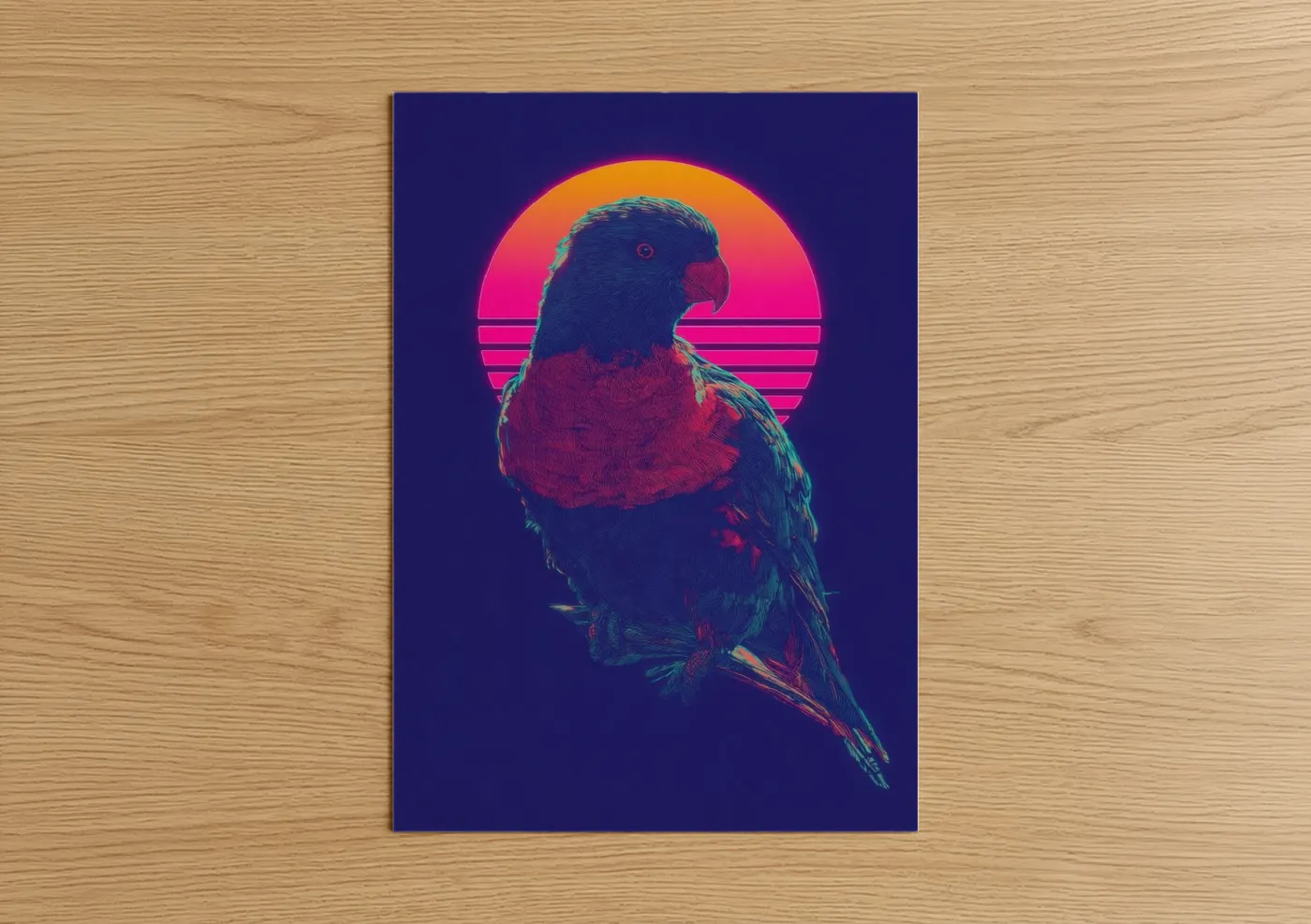 Rainbow lorikeet art print on warm oak wood — magenta and royal blue palette — Neon Lorikeet poster