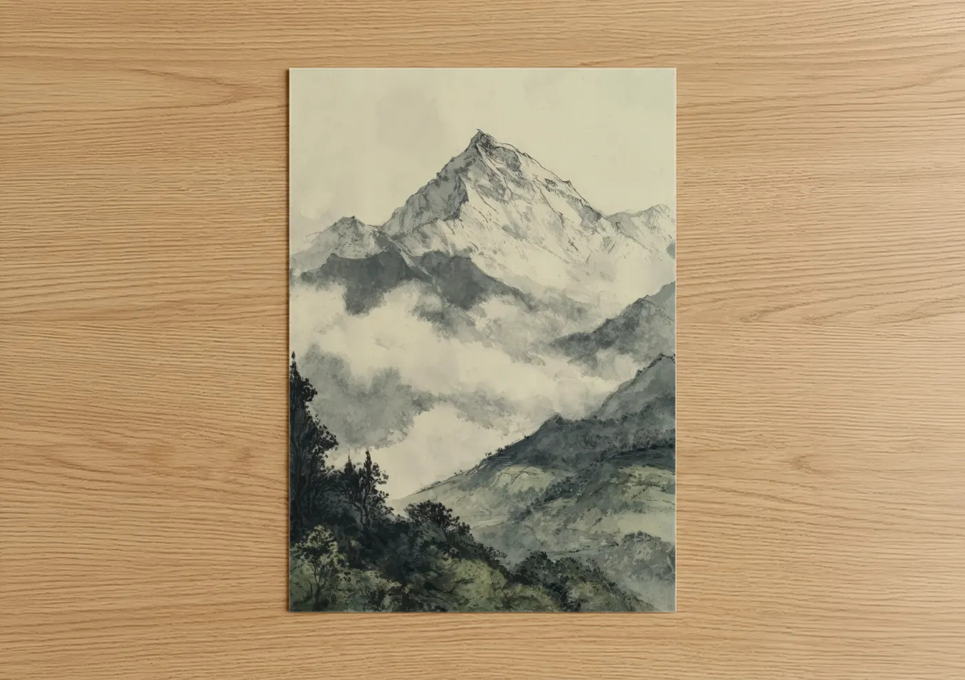 Mount everest art print on warm oak wood — black and white and gray palette — Misty Everest poster