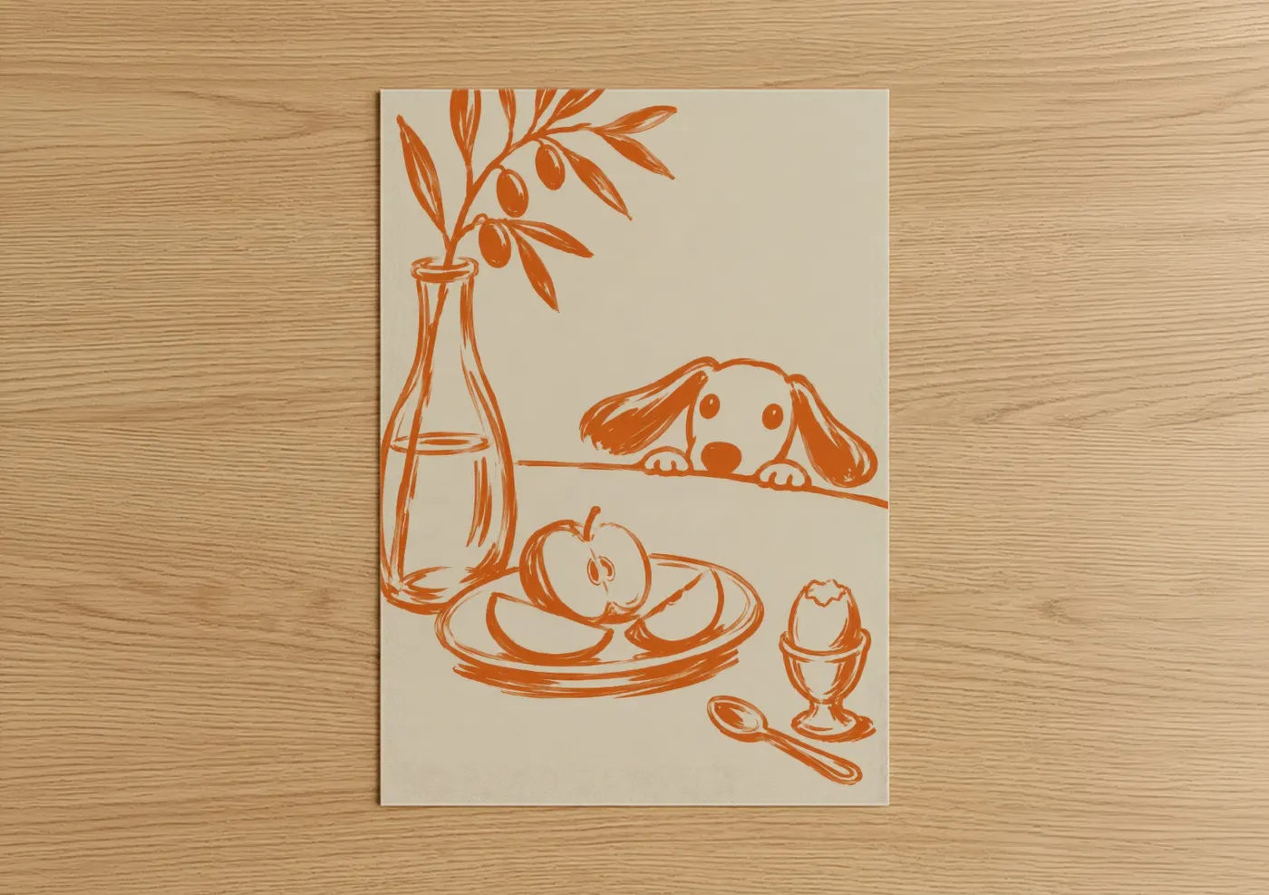Dogs art print on warm oak wood — orange and beige palette — Breakfast Table Dog Wall Art poster