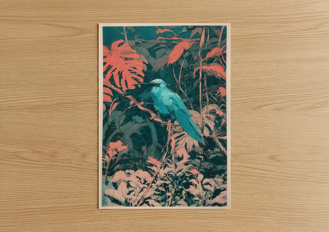 Art print on warm oak wood — teal and salmon pink palette — Turquoise Hummingbird poster