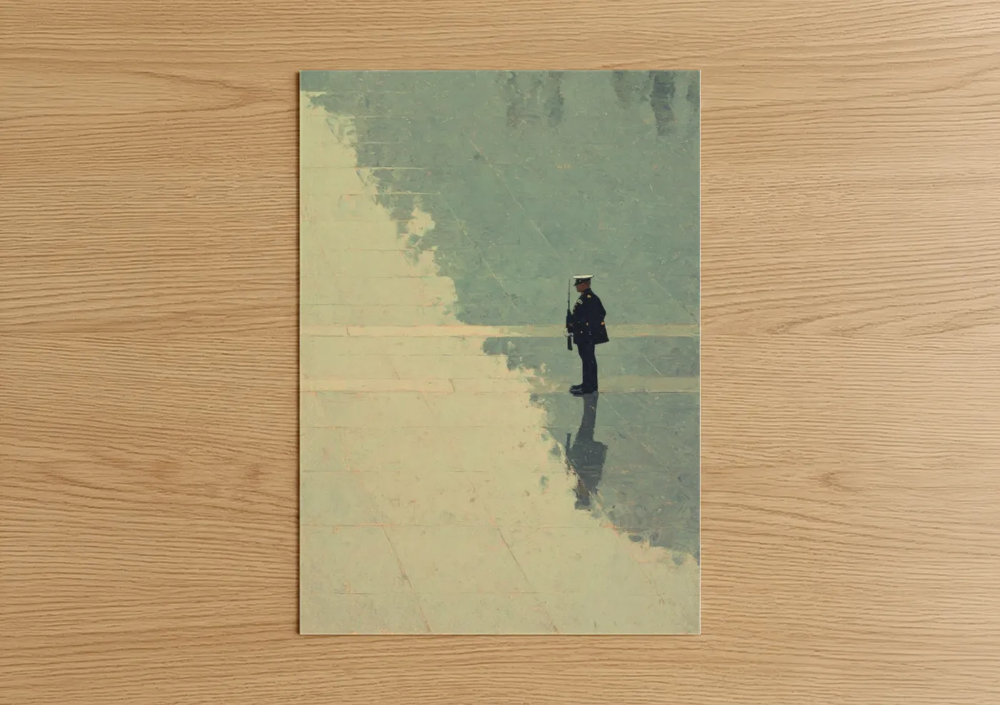 Veterans day art print on warm oak wood — sage green and cream palette — Solitary Sentinel poster