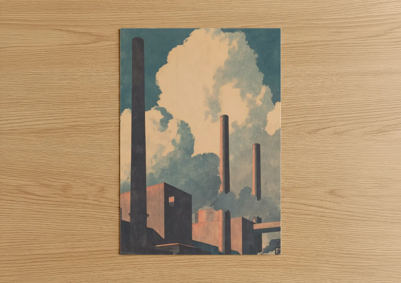 Factory art print on warm oak wood — teal and cream palette — Industrial Smokestacks poster