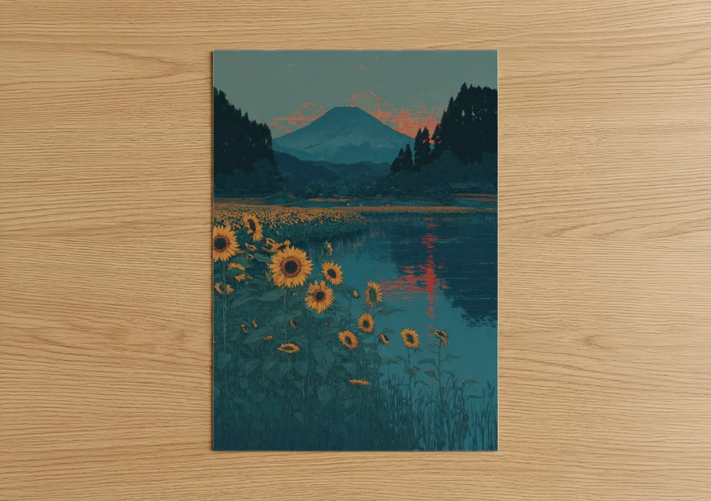 Art print on warm oak wood — teal and gold palette — Mountain Sunflower poster