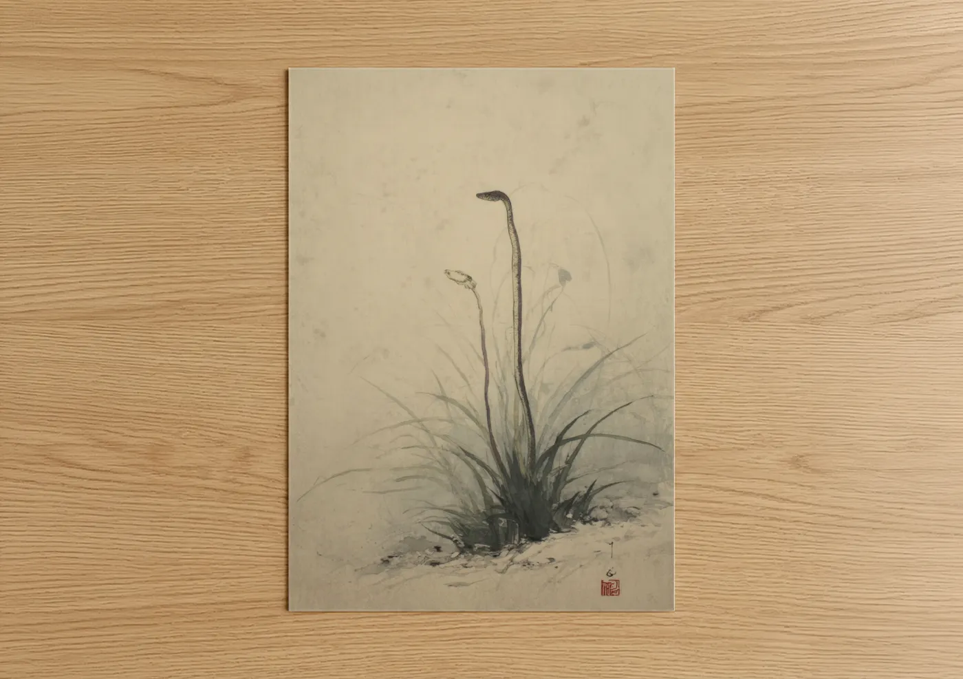 Eels art print on warm oak wood — gray and beige palette — Graceful Eel Study poster