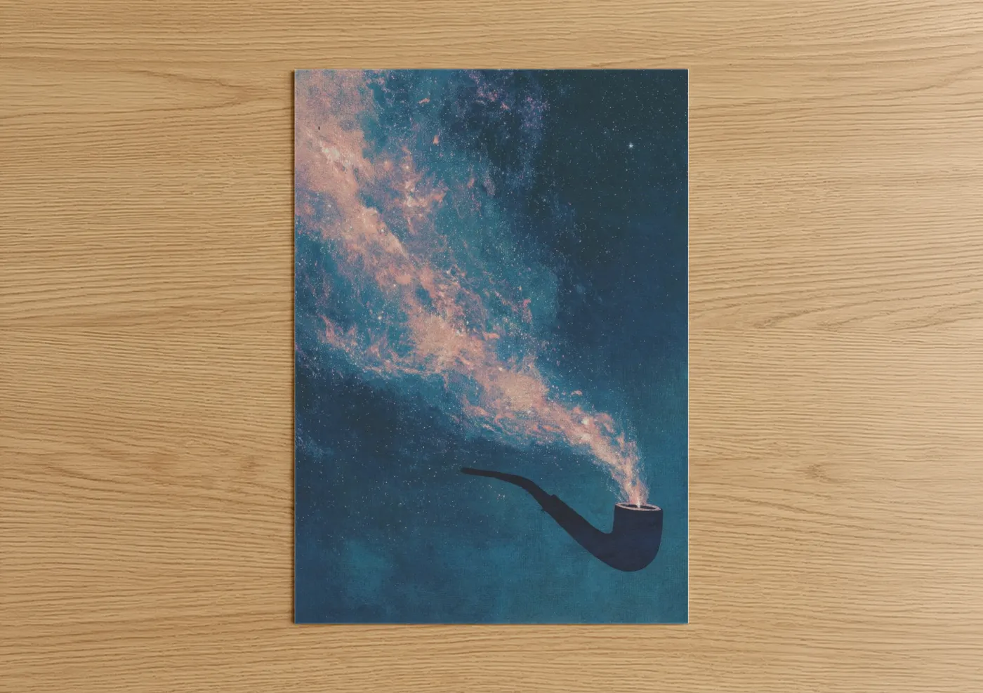 Smoke art print on warm oak wood — teal and salmon pink palette — Cosmic Pipe poster