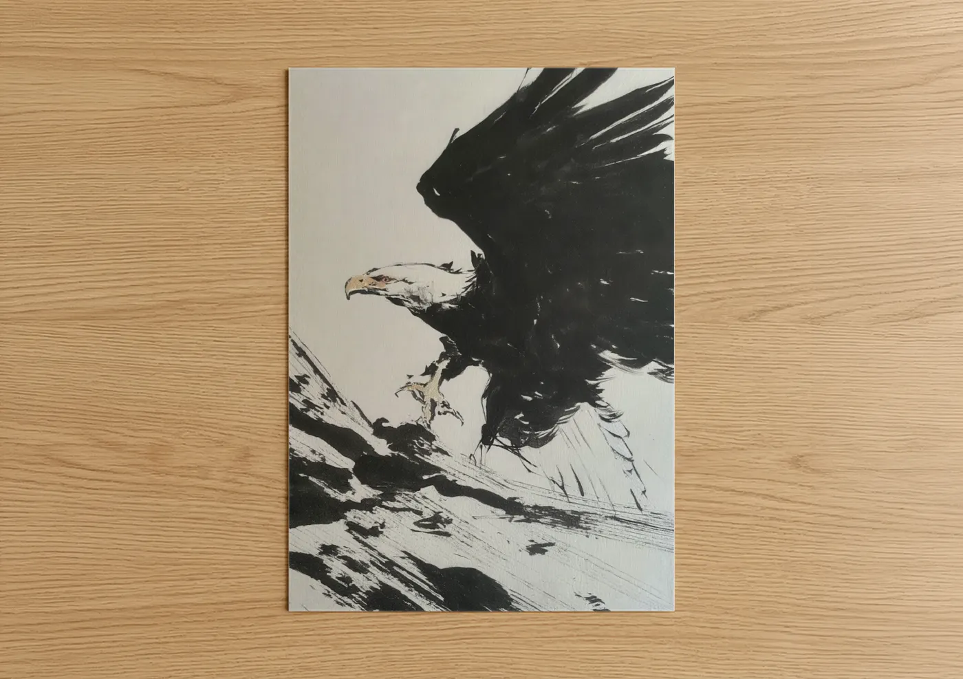 Art print on warm oak wood — black and white palette — Majestic Eagle poster