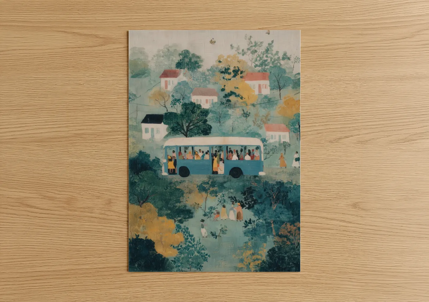 Art print on warm oak wood — teal and yellow palette — Countryside Bus Journey poster