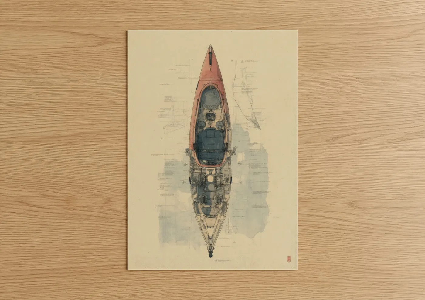 Crimson Kayak Technical Blueprint Wall Art