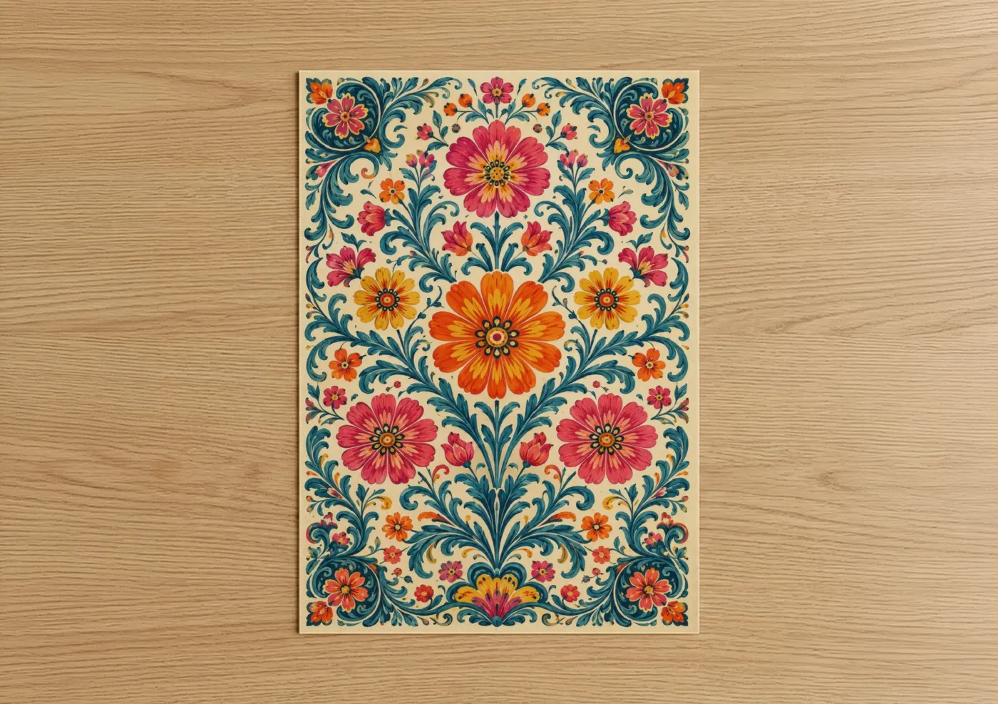 Flower art print on warm oak wood — orange and pink palette — Vintage Floral Symmetry Wall Art poster