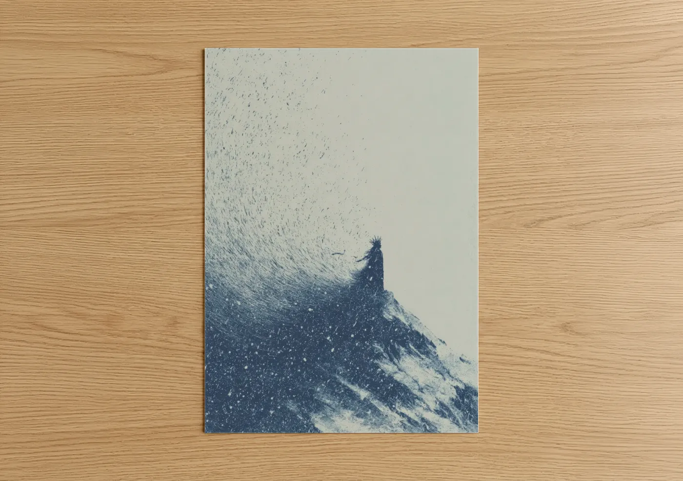 Magic and witchcraft art print on warm oak wood — blue and white and gray palette — Snowy Summit Sorcery poster