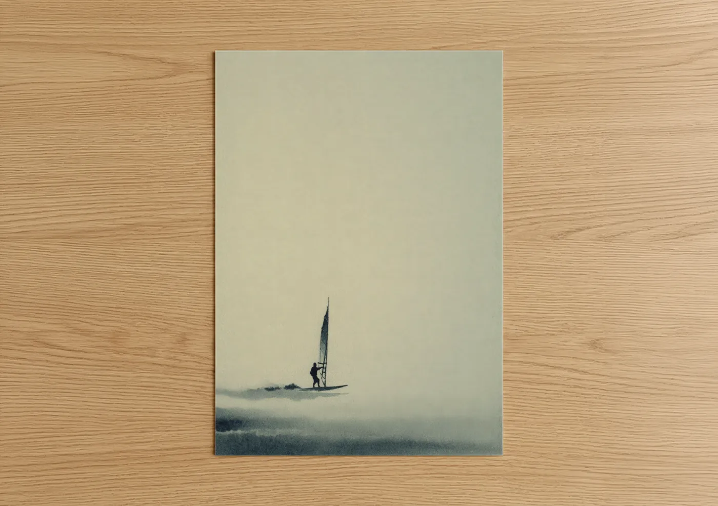 Windsurfing art print on warm oak wood — gray and gray and white palette — Misty Windsurfer poster