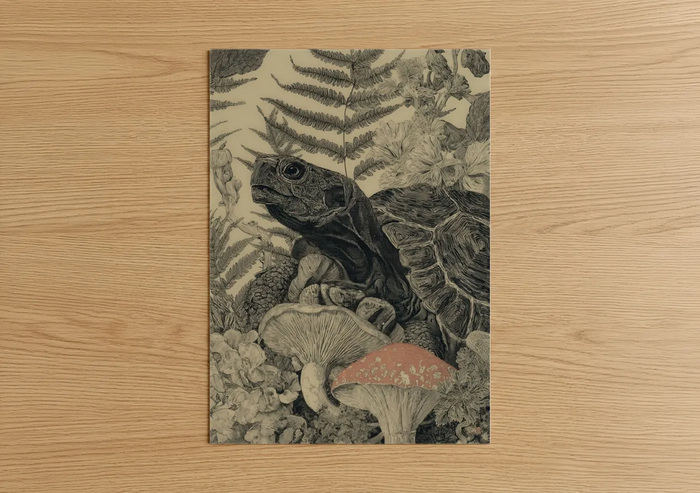 Botanical Turtle Detailed Ink Illustration Wall Art