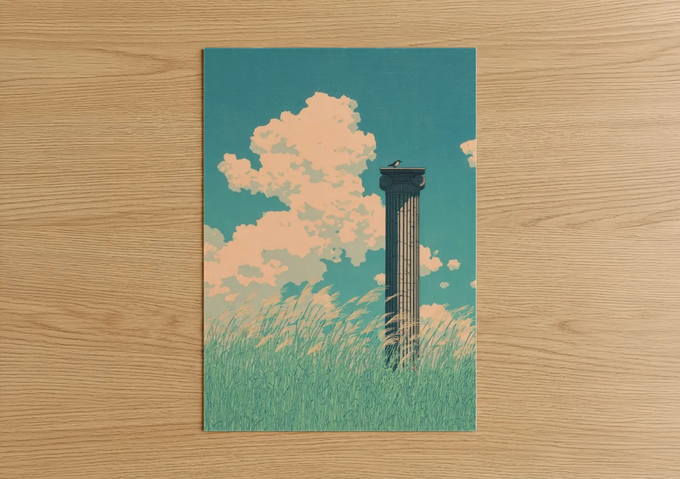 Solitary Column in Green Field Illustration Wall Art