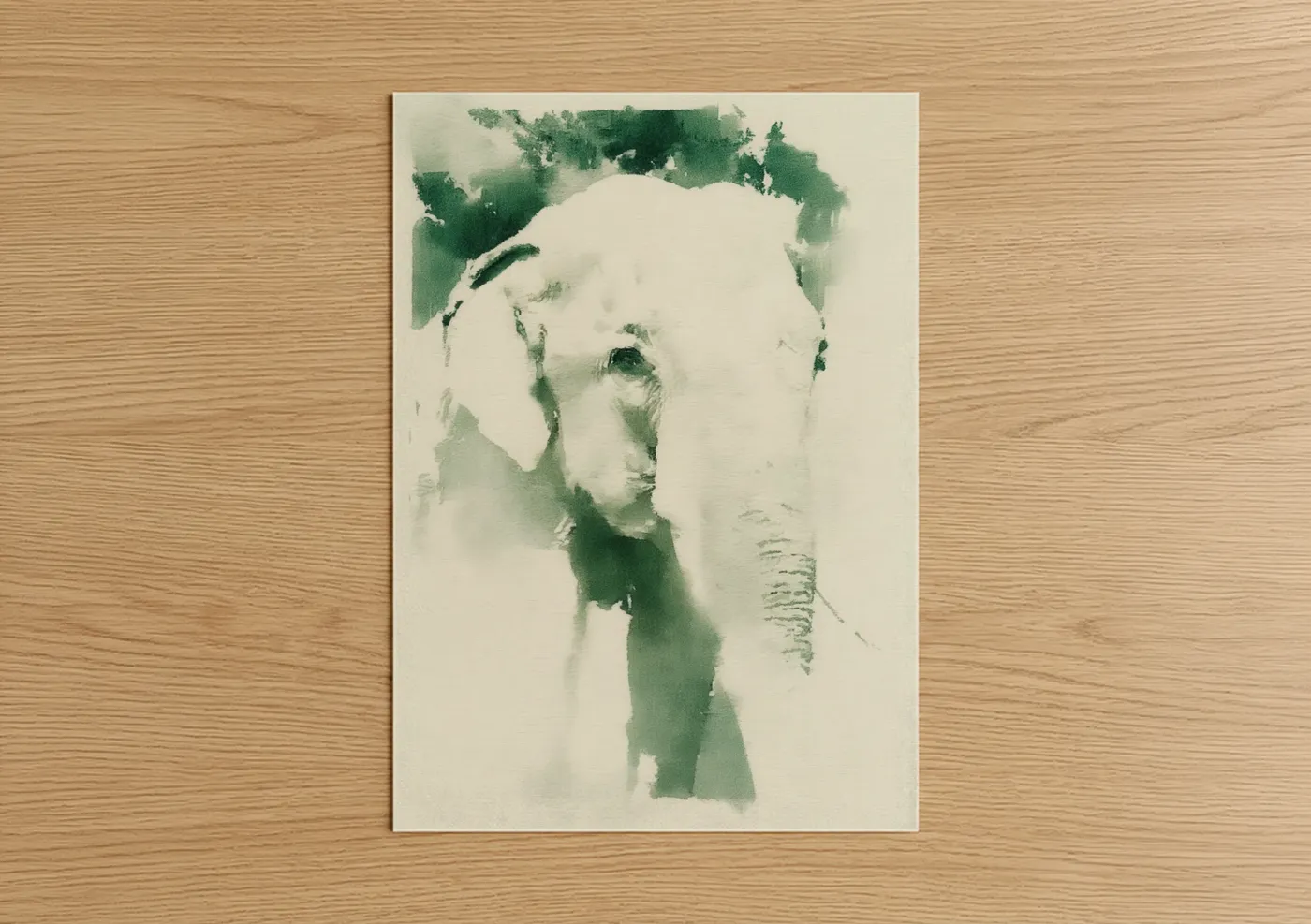 Asian elephant art print on warm oak wood — sage green and cream palette — Emerald Elephant poster