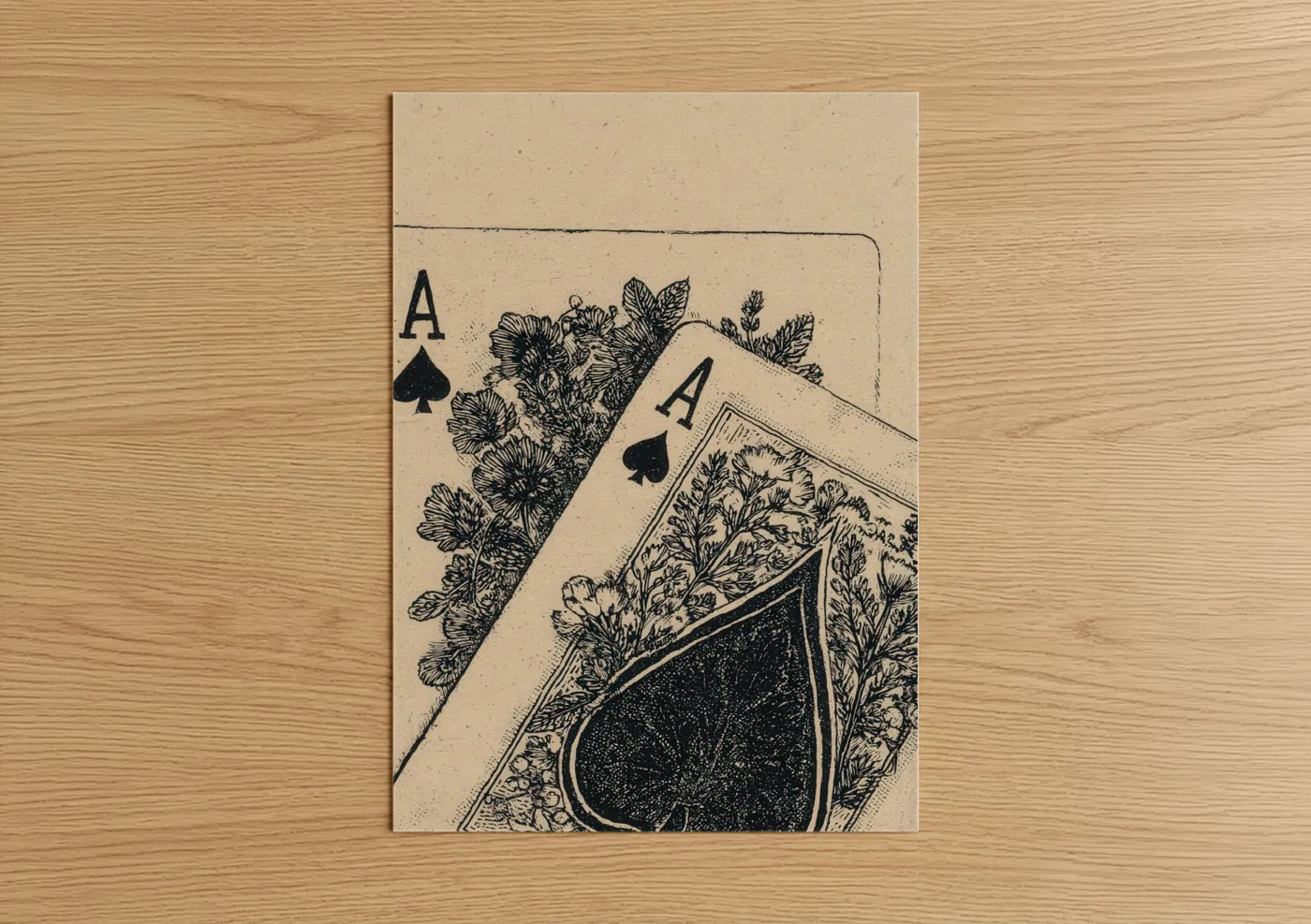 Card game art print on warm oak wood — black and white and cream palette — Botanical Card Ace poster
