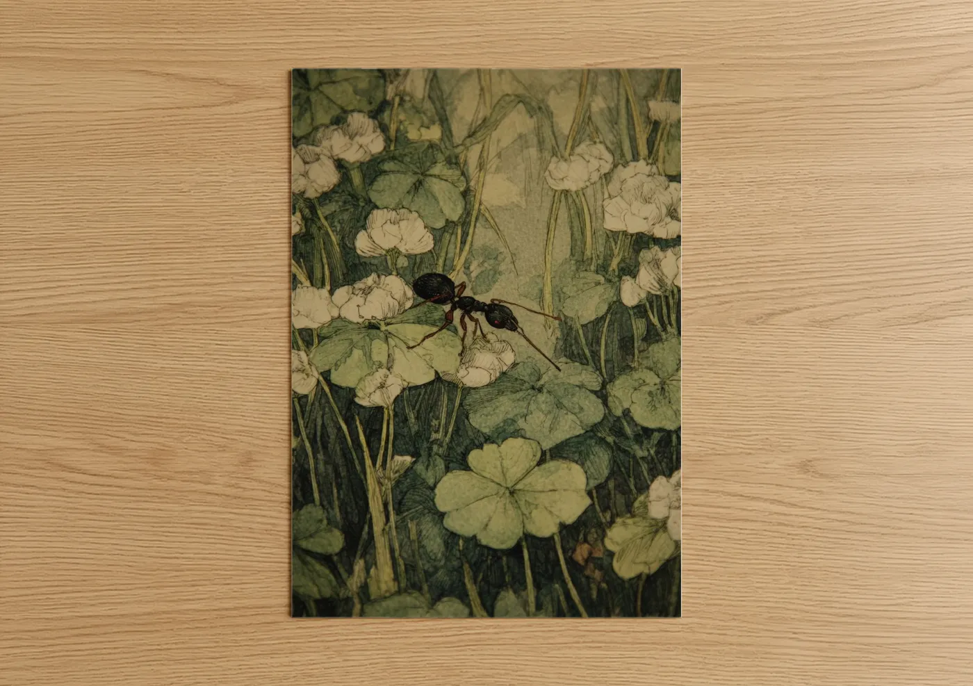 Art print on warm oak wood — light green and cream palette — Garden Ant Foraging poster