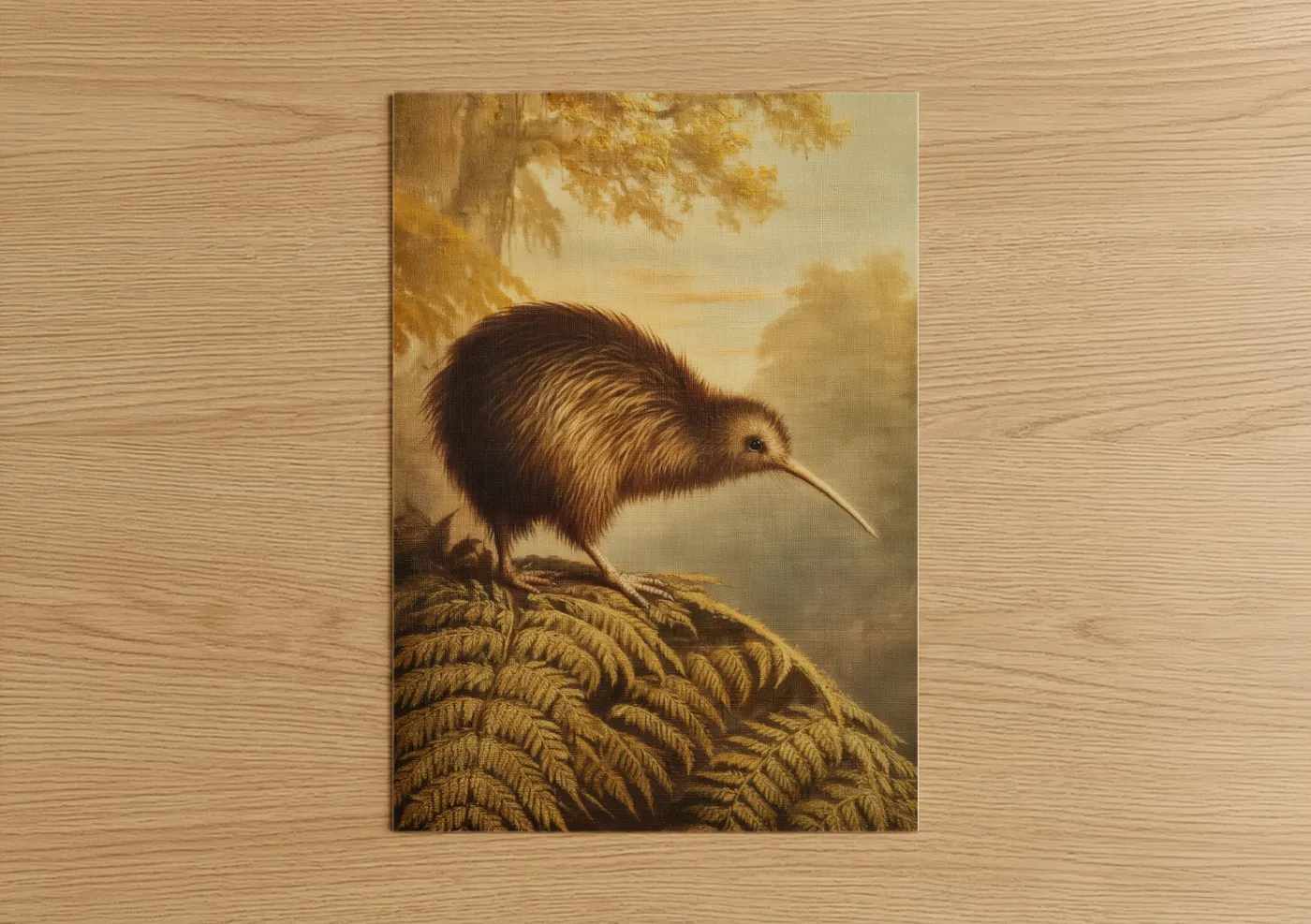 Art print on warm oak wood — gold and brown palette — Golden Kiwi poster