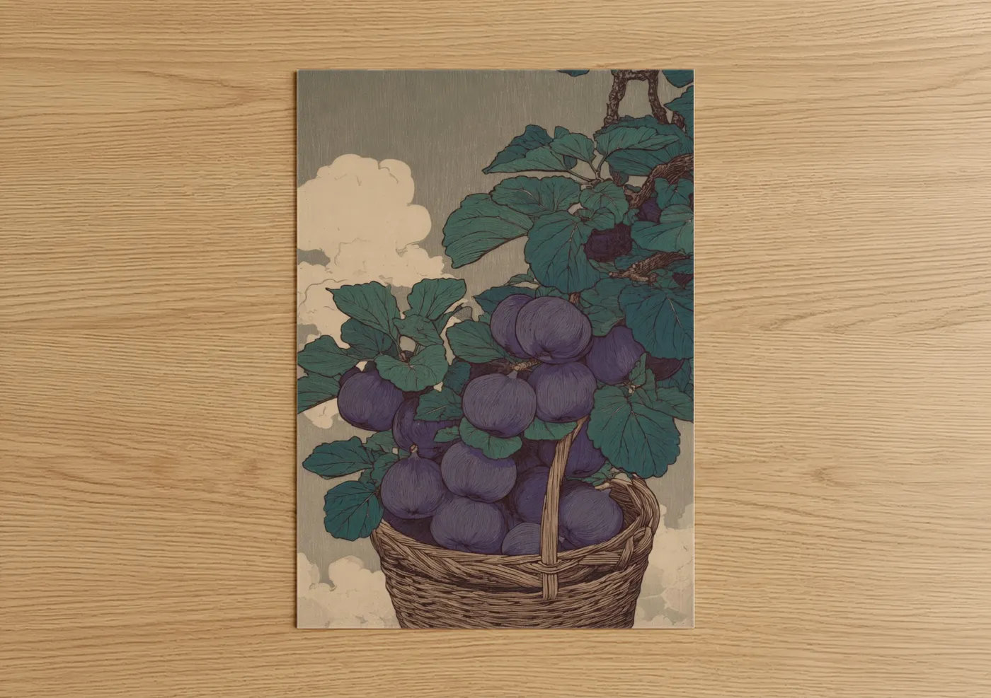 Fruit art print on warm oak wood — dark green and purple palette — Purple Gooseberries Basket poster