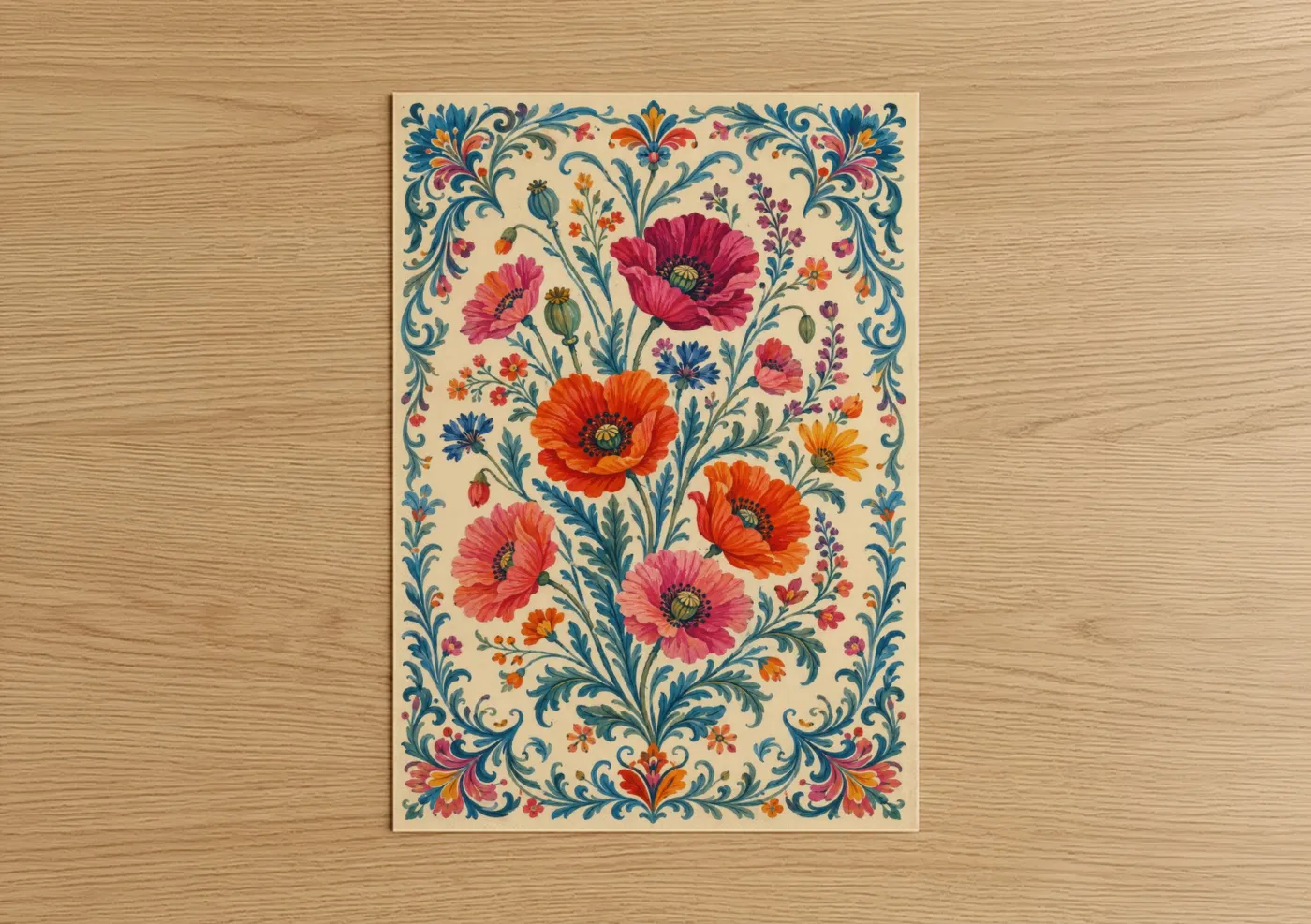 Poppies art print on warm oak wood — cream and orange palette — Ornate Poppy Garden Wall Art poster