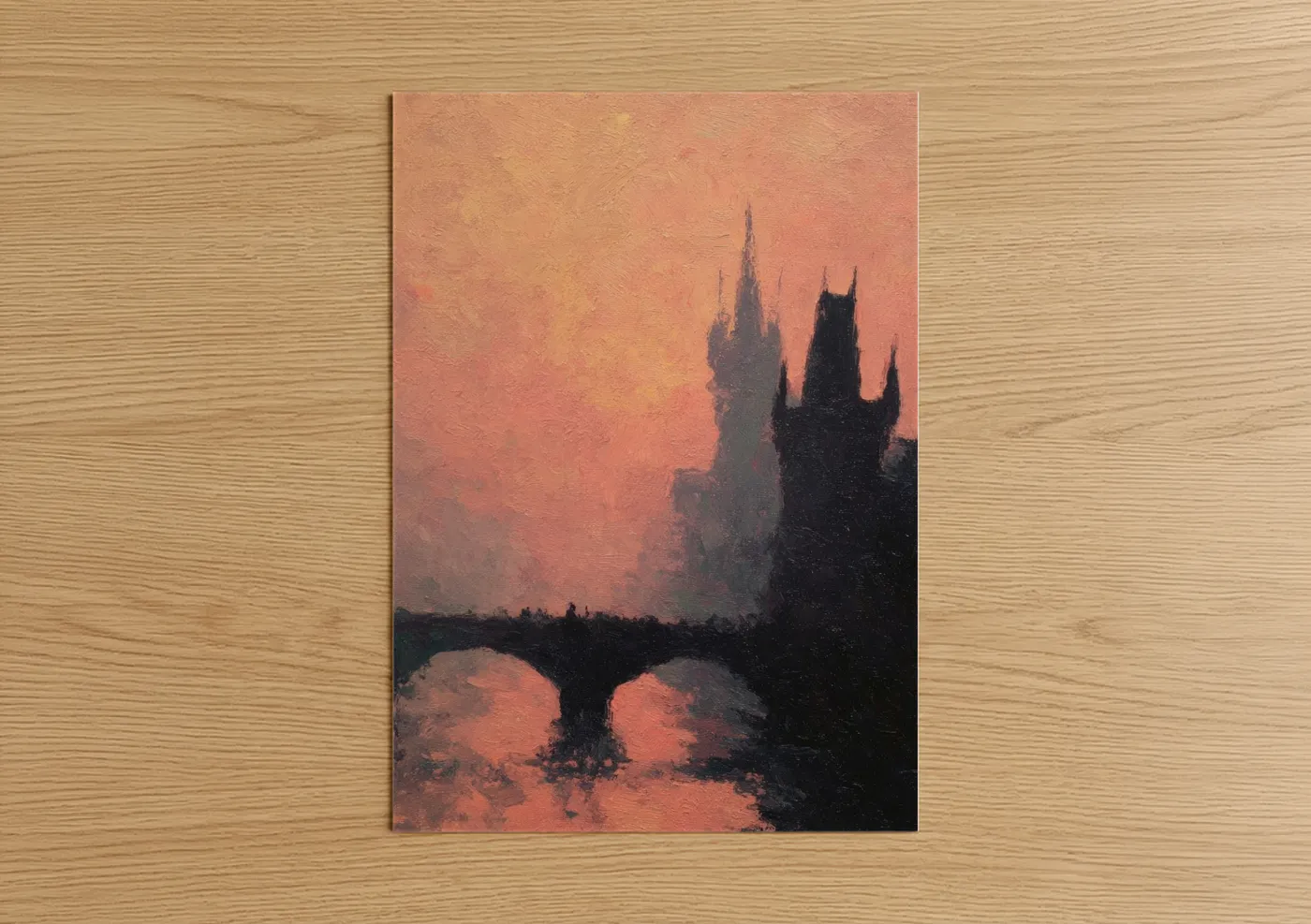 Art print on warm oak wood — peach and gold palette — Crimson Charles Bridge poster