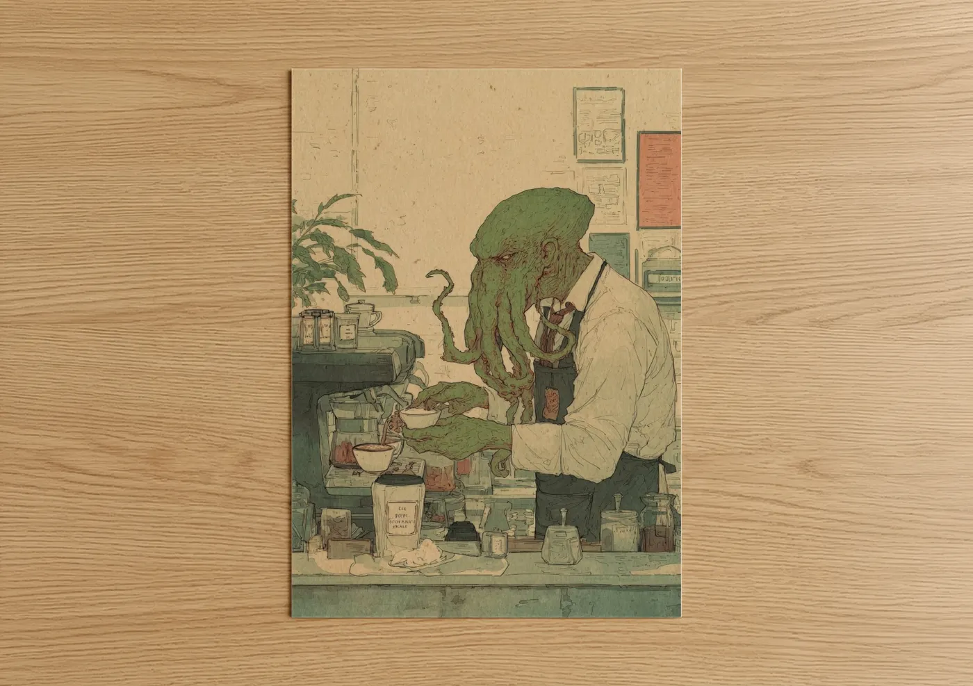 Art print on warm oak wood — dark green and beige palette — Cthulhu Scientist poster