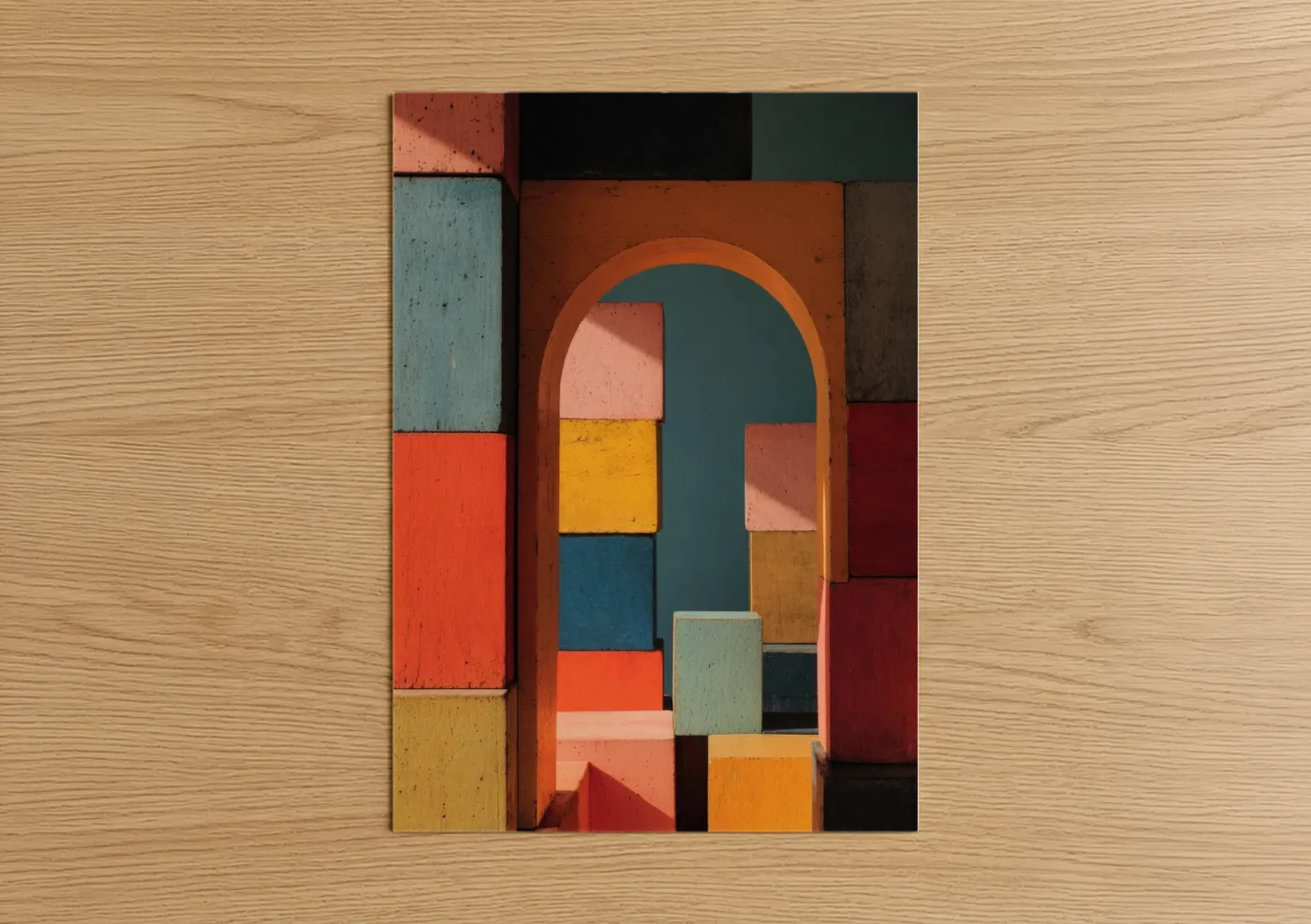 Art print on warm oak wood — teal palette — Colorful Arch poster