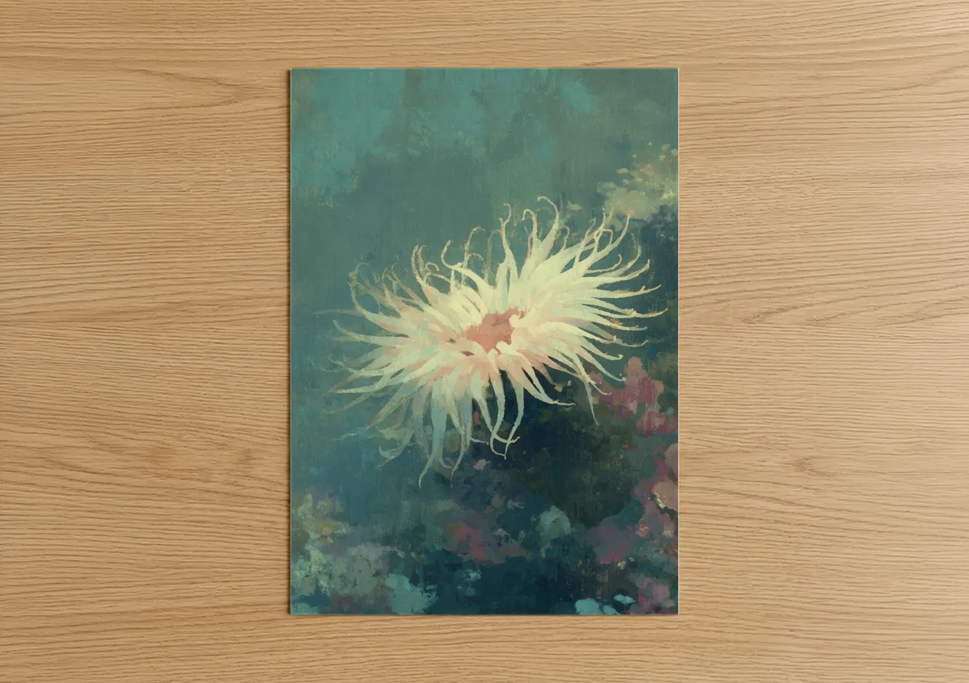 Sea anemone art print on warm oak wood — teal and cream palette — Ethereal Anemone poster