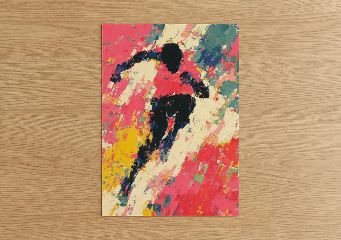 Art print on warm oak wood — red and cream palette — Urban Parkour poster