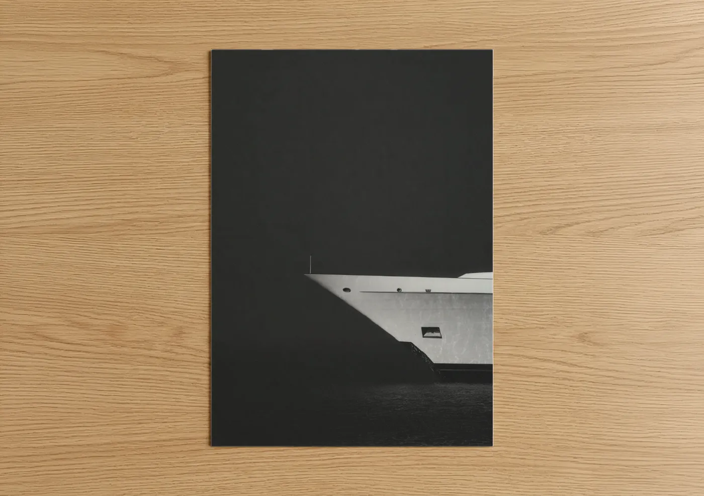 Yacth art print on warm oak wood — black and white and gray palette — Minimalist Yacht poster