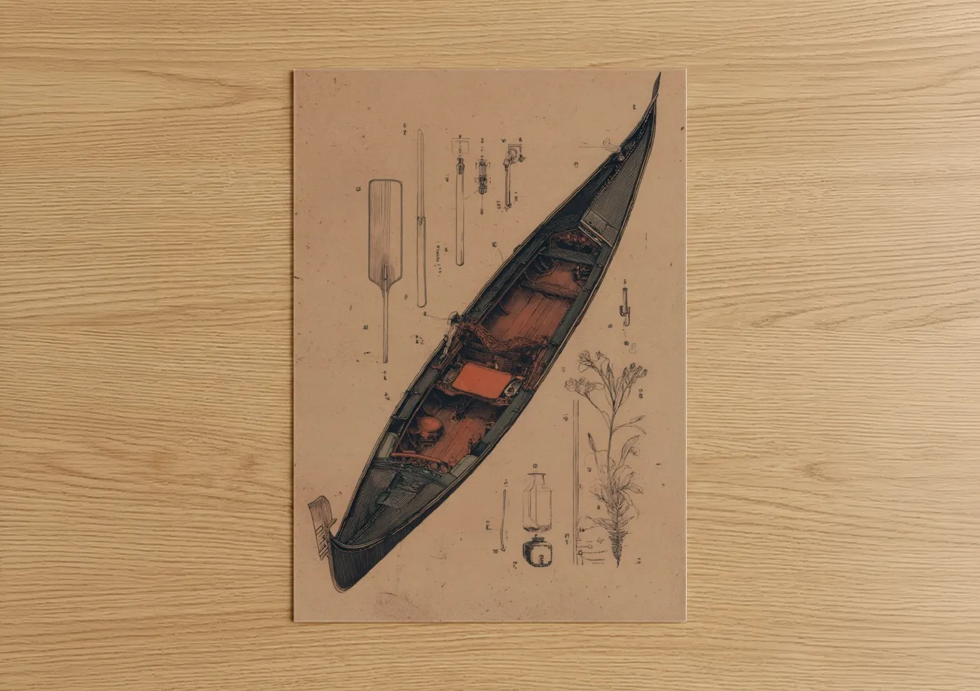Venetian Gondola Blueprint Technical Illustration Wall Art