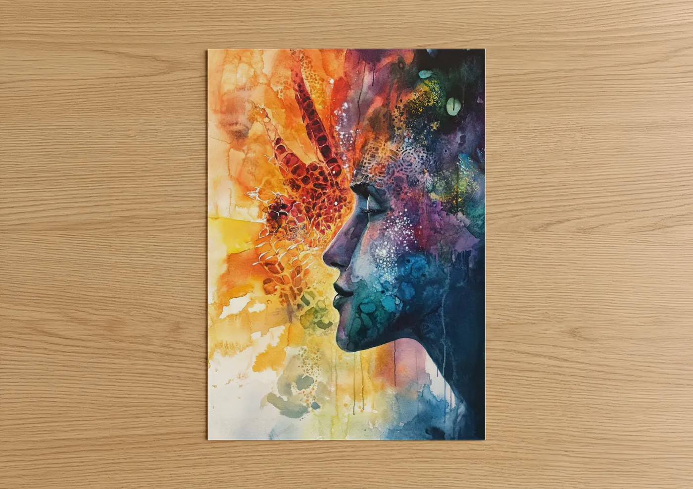 Abstract expressionism art print on warm oak wood — gold and blue palette — Chromatic Mind poster