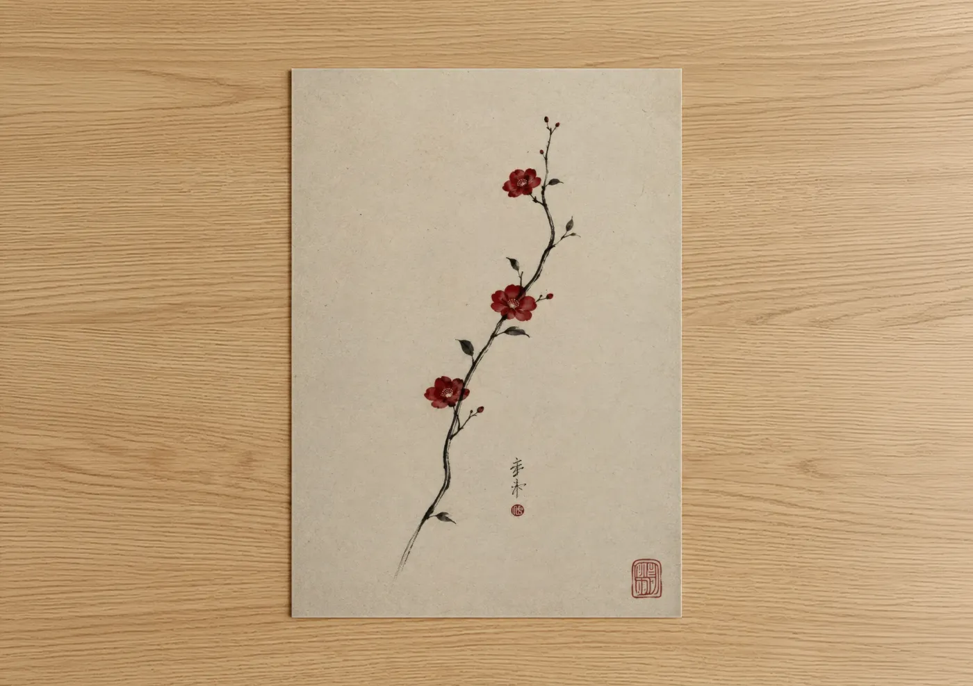 Cherry blossoms art print on warm oak wood — maroon and beige palette — Japanese Cherry Blossom Minimalist Wall Art poster