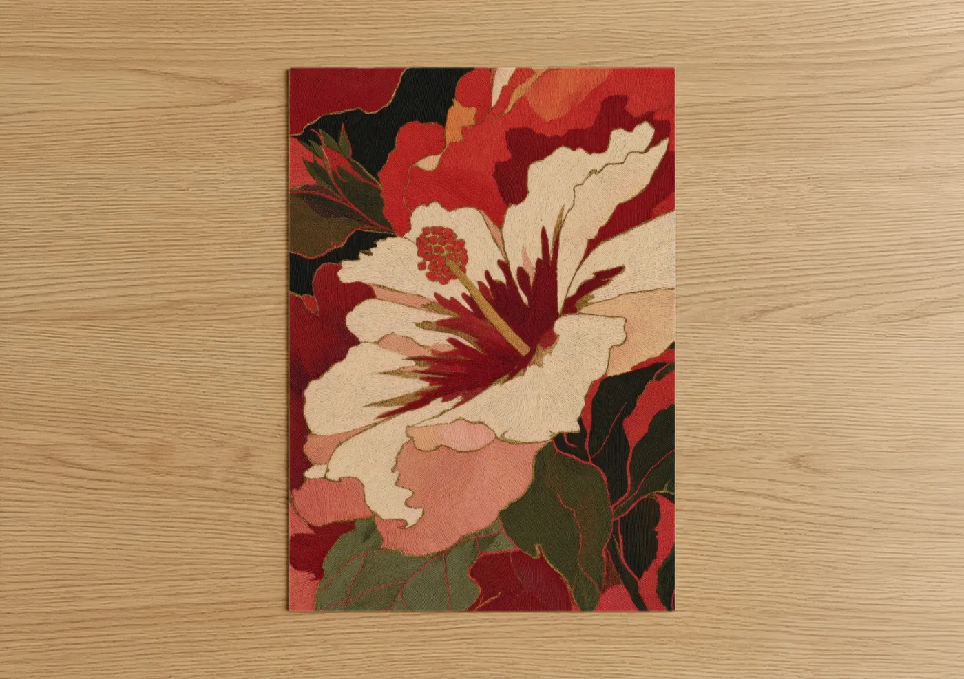 Art print on warm oak wood — red and cream palette — Crimson Hibiscus poster