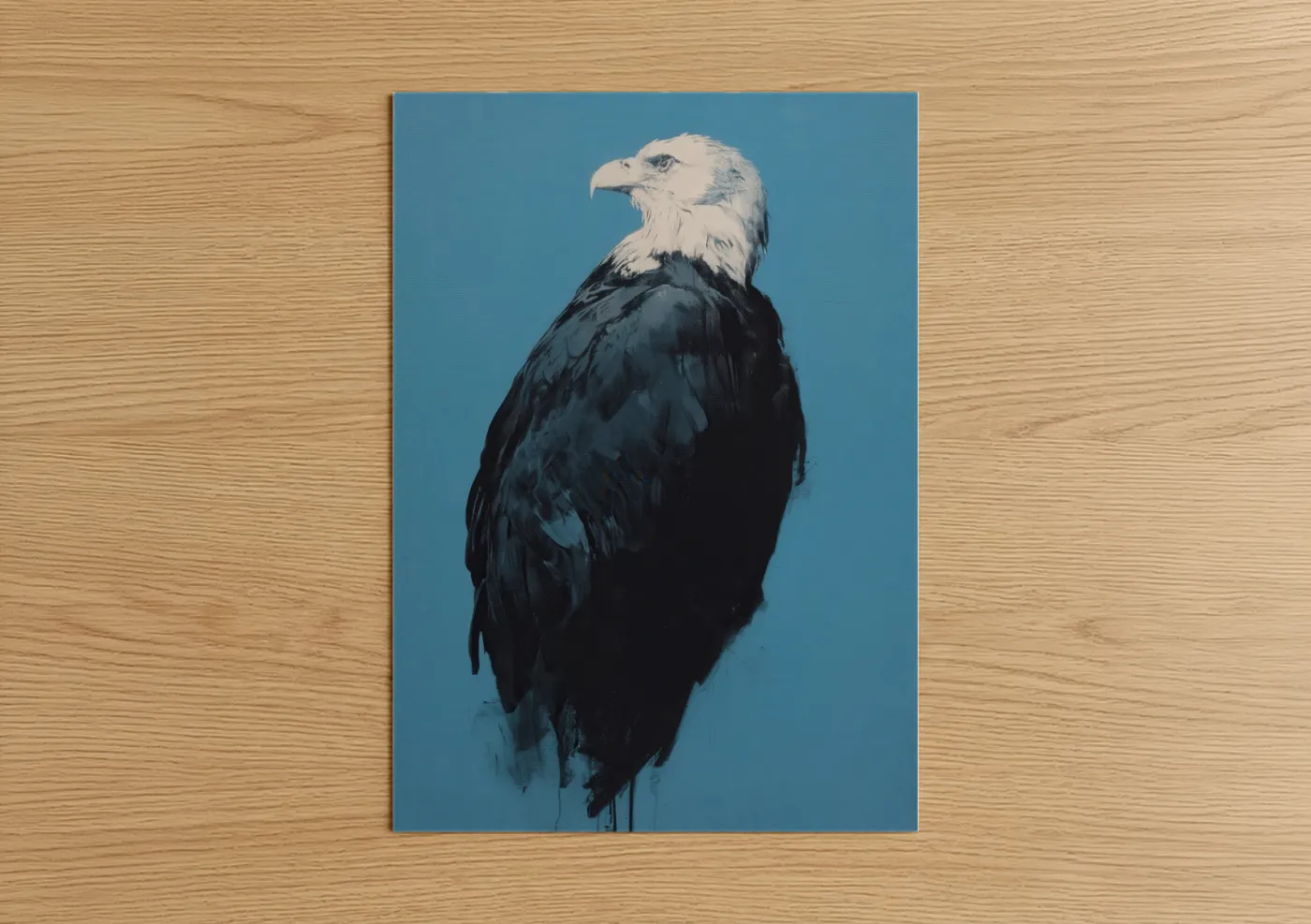 Art print on warm oak wood — blue and white and black palette — Majestic Eagle Portrait poster